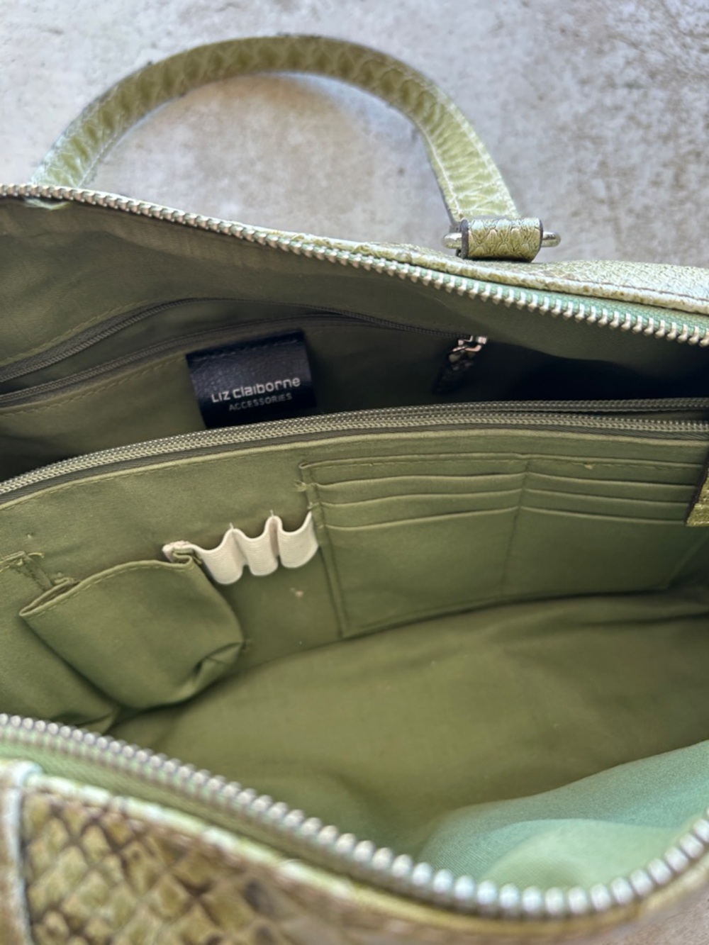 Liz Claiborne Olive Green Snake-Embossed Satchel - Picture 5 of 10